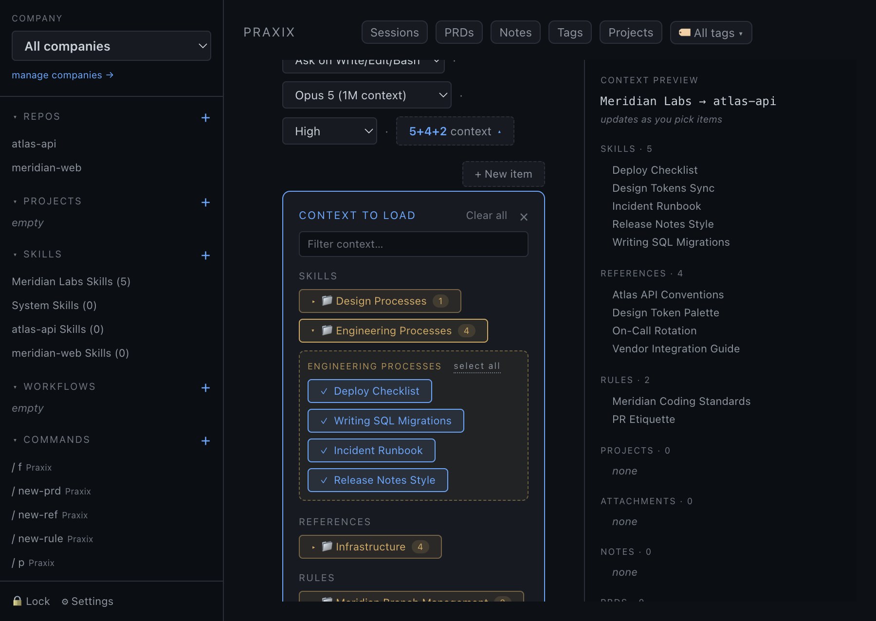 The Context to Load picker on desktop — grouped skills, references, and rules