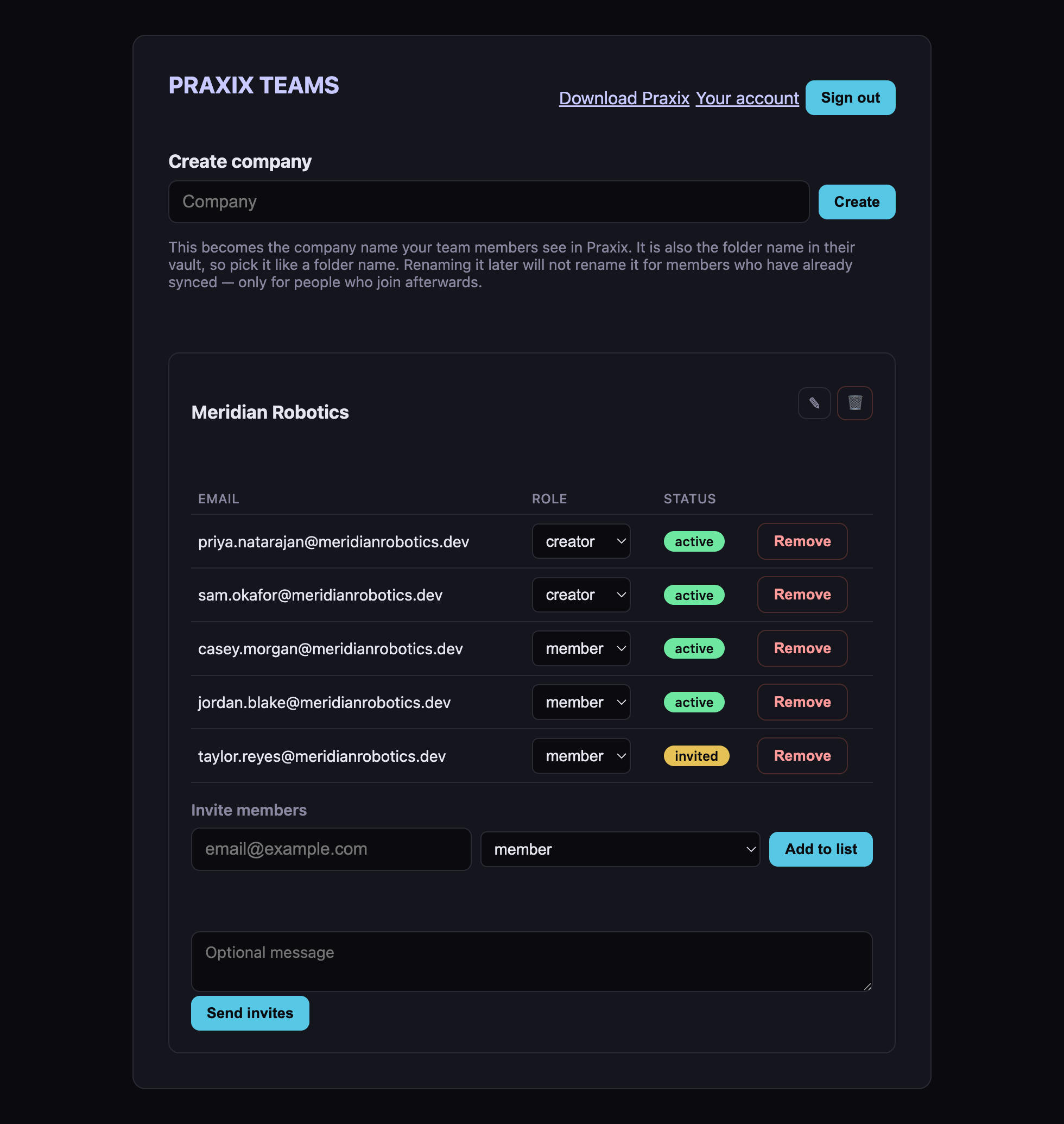 The Praxix Teams dashboard showing a company, its member roster with roles, and the invite flow